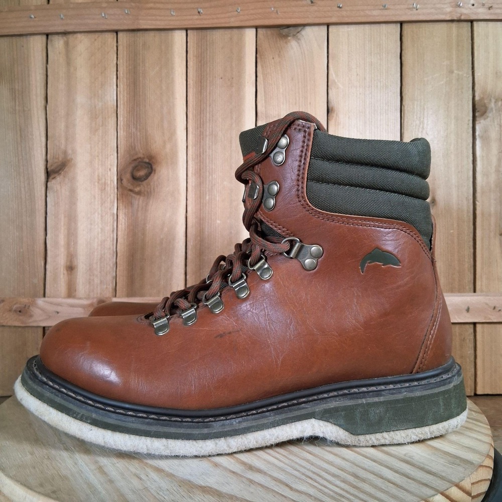 Simms Freestone Wading Boots Mens 9 Brown Leather Felt Sole Fly Fishing Non-Slip